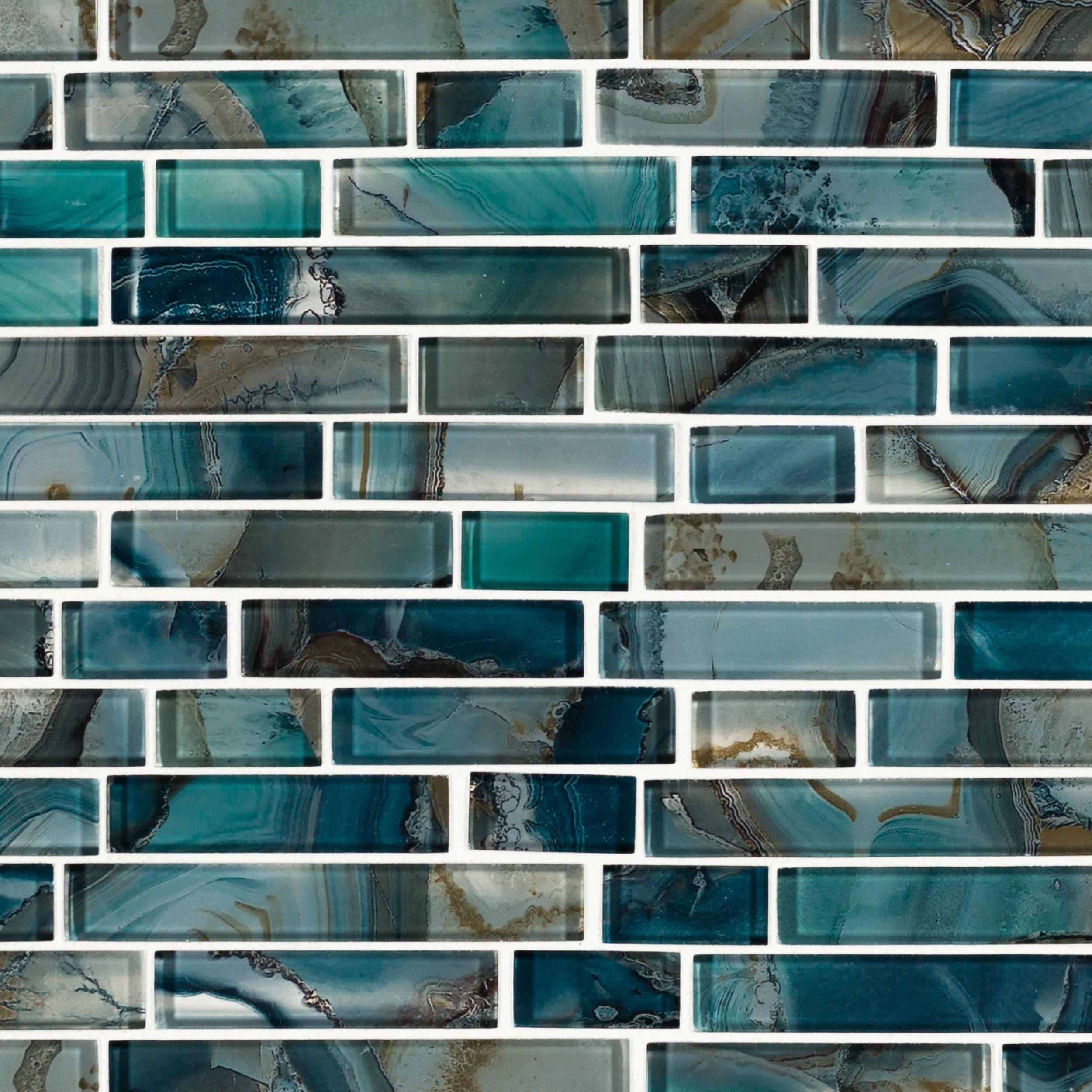 Kitchen Featuring Linear Mosaic Tile Backsplash glass tile